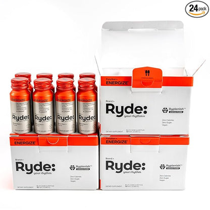 Ryde: Energize Shot | Tropical Flavor | Green Tea Caffeine, Taurine, Ginseng Extract & B Vitamins | 0 Calories, 0 Sugar | 2 FL OZ Shots | Boosts energy* (24 Pack)