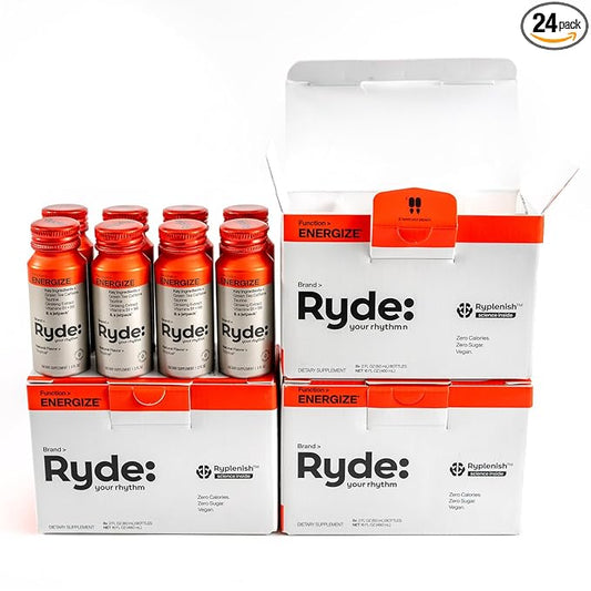 Ryde: Energize Shot | Tropical Flavor | Green Tea Caffeine, Taurine, Ginseng Extract & B Vitamins | 0 Calories, 0 Sugar | 2 FL OZ Shots | Boosts energy* (24 Pack)