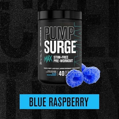 Jacked Factory Pumpsurge Max Stim Free Pre Workout - High-Performance Caffeine Free Pre Workout with L-Citrulline, N03-T Arginine Nitrate & Glutathione - 40 Servings, Blue Raspberry