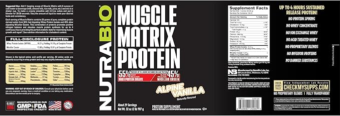 NutraBio Muscle Matrix Protein Powder - 25g of Protein Per Scoop - Whey Isolate and Micellar Casein Combo for Fast and Slow Release - Vanilla - 2 Pounds, 28 Servings