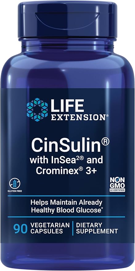 Life Extension CinSulin® with InSea2® and Crominex® 3+, shilajit, amla Fruit, Cinnamon, Brown Seaweed, Supports Healthy Metabolism and Satiety, Gluten-Free, Non-GMO, Vegetarian, 90 Capsules