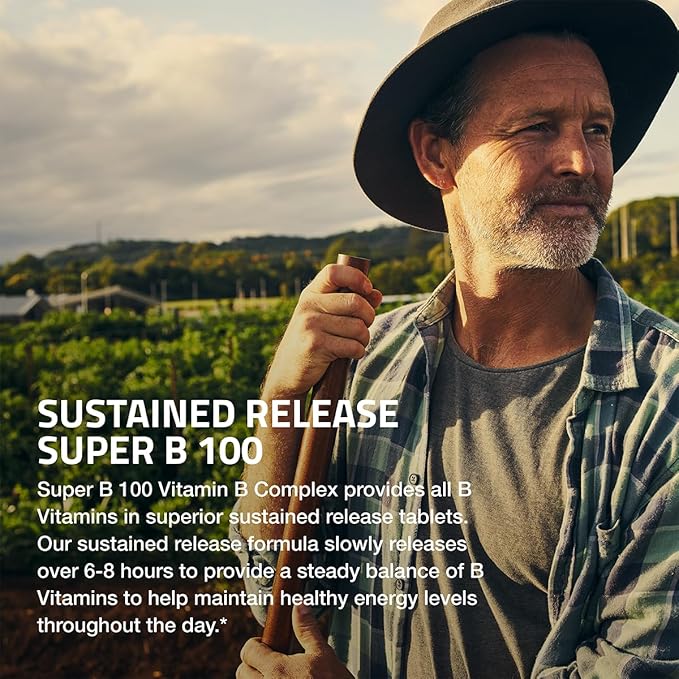 Bronson Super B 100 Vitamin B Complex Sustained Release Contains All B Vitamins (Vitamin B1, B2, B3, B6, B9 - Folic Acid, B12) Supports Energy Metabolism & Nervous System Health, Non-GMO, 250 Tablets