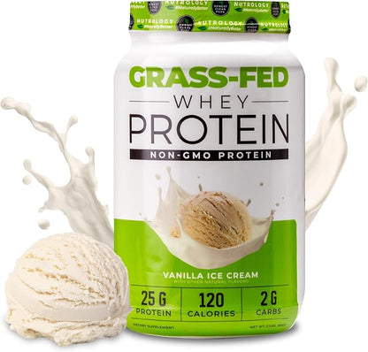 Nutrology Grass Fed Whey Protein Powder, Vanilla Ice Cream Flavor, Supports Lean Muscle Recovery & Performance, Cold Processed Grass Fed Whey and Amino Acid Powder, Shake, Blend or Bake, 28 Servings