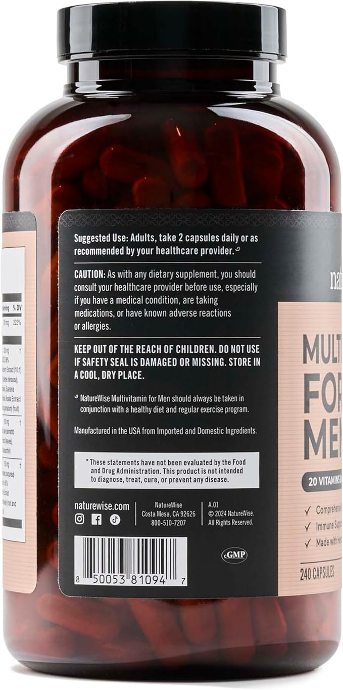 NatureWise Multivitamin for Men - Daily Male Support - Minerals & Herbs for Energy, Performance, Immunity - with Vitamin A, C, D, B-Complex - Soy & Gluten-Free, Non-GMO - 240 Capsules[6-Month Supply]