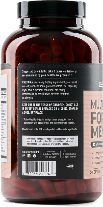 NatureWise Multivitamin for Men - Daily Male Support - Minerals & Herbs for Energy, Performance, Immunity - with Vitamin A, C, D, B-Complex - Soy & Gluten-Free, Non-GMO - 240 Capsules[6-Month Supply]