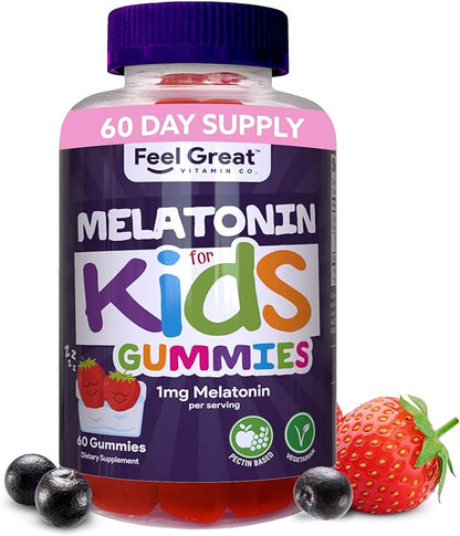 Feel Great Kids Melatonin Gummy | Strawberry Flavored Melatonin Gummies Kids | 1 MG of Melatonin Sleep Aid for Kids | Vegan Gummies | 60 Day Supply