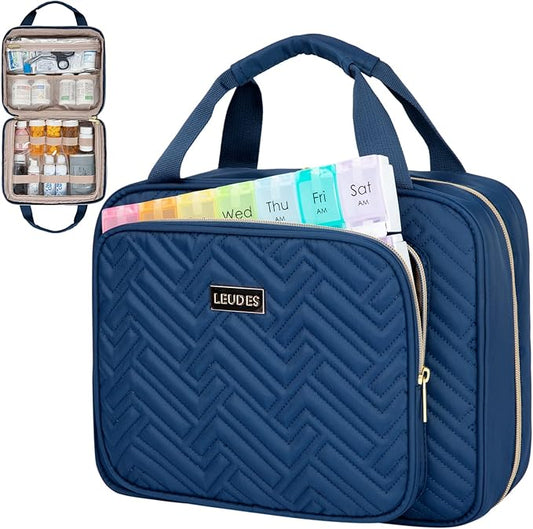 Leudes Travel Pill Bottle Organizer,Medicine Organizer and Storage,Home Medication Bag, Cases,Carrier for Pills,Vitamin,Fish Oil,Supplements for Women and Men (Large, Blue)