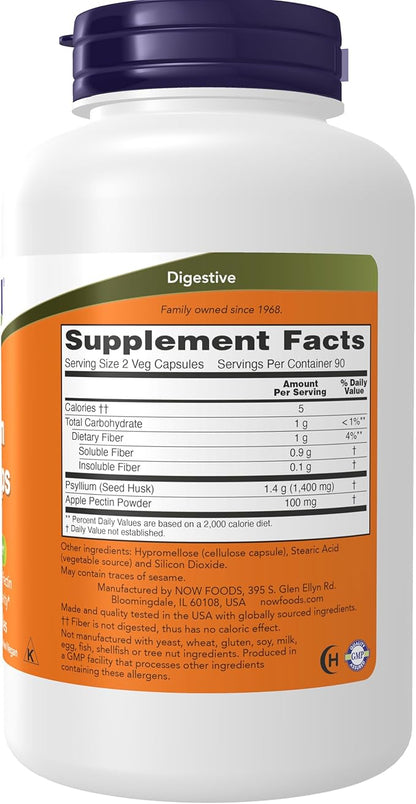 NOW Foods Supplements, Psyllium Husk Caps 700 mg with 50 mg of Apple Pectin, Intestinal Health*, 180 Veg Capsules