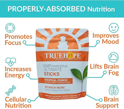 Truehope EMPowerPlus Ultimate Sticks Daily Multi-Supplement to Support Overall Wellness - Dairy-Free, Gluten-Free, Sugar-Free, Vegan, Non-GMO - 30 Sticks, Tropical Punch