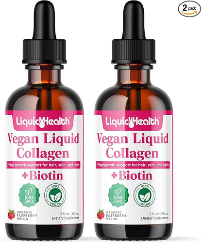 LIQUIDHEALTH 100% Vegan Collagen Plus Biotin 100,000mcg Liquid Drops - Plant-Based Liquid Collagen for Women, Men - Hair & Nail Growth, Skin Health, Boosts Metabolism - Non-GMO, Sugar Free (2 Pack)
