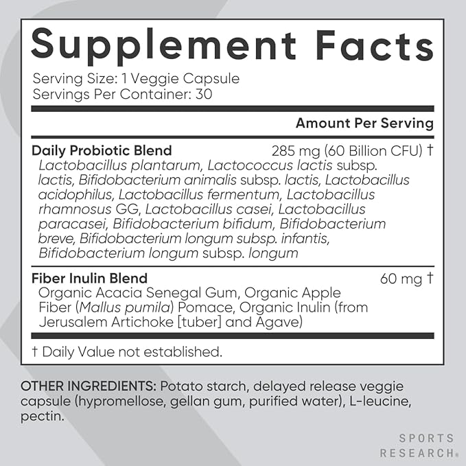 Sports Research Daily Probiotics with Prebiotics, 60 Billion CFU - Vegan Capsules for Gut Health & Digestive Support, Probiotics for Women & Men - Non-GMO Verified & Gluten Free - 30 Count