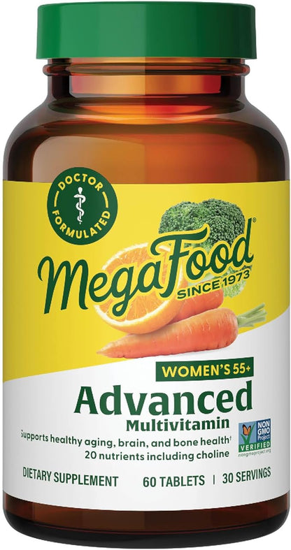 MegaFood Women's 55+ Advanced Multivitamin for Women - Doctor-Formulated with Choline, Vitamin D3, Vitamin B12, Biotin - Plus Real Food - Optimal Aging, - Vegetarian - 60 Tabs (30 Servings)
