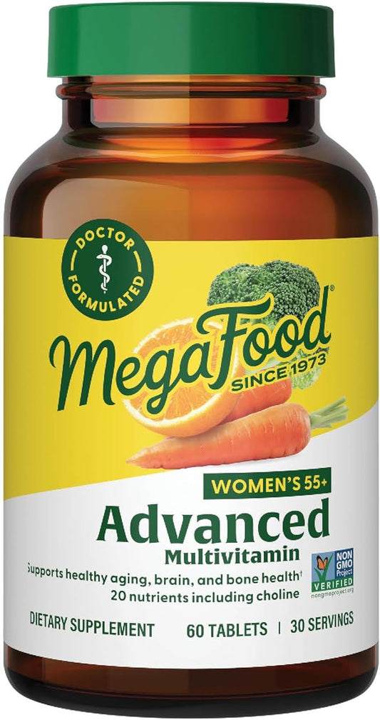 MegaFood Women's 55+ Advanced Multivitamin for Women - Doctor-Formulated with Choline, Vitamin D3, Vitamin B12, Biotin - Plus Real Food - Optimal Aging, - Vegetarian - 60 Tabs (30 Servings)