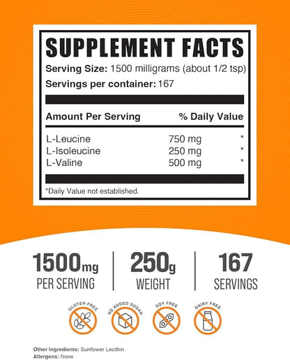 BulkSupplements.com BCAA 3:1:2 Powder - Branched Chain Amino Acids, BCAA Supplements, BCAA Powder - BCAAs Amino Acids Powder, Unflavored, 1500mg per Serving - 167 Servings, 250g (8.8 oz)