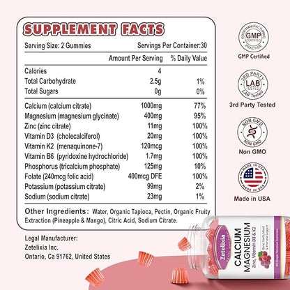 Calcium Gummies for Women Men, Calcium Magnesium Zinc with Vitamin D3 & K2, Calcium Magnesium Supplement for Bones Muscles and Joints, Grape Flavor - 60 Count
