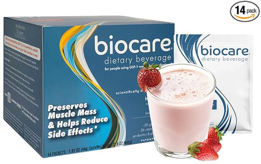 Nutritional Beverage for GLP-1 Users, Dietary Powder Drink Provides 20g Essential Protein, 26 Vitamins/Minerals, Helps Ease Nausea, Bloating, Constipation, Strawberries & Cream (14 Count)