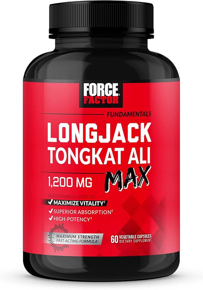 Force Factor Longjack Tongkat Ali Max for Men, Male Stamina and Vitality Supplement Made with Tongkat Ali Extract and Key Natural Ingredients for Superior Absorption, 1200mg, 60 Capsules
