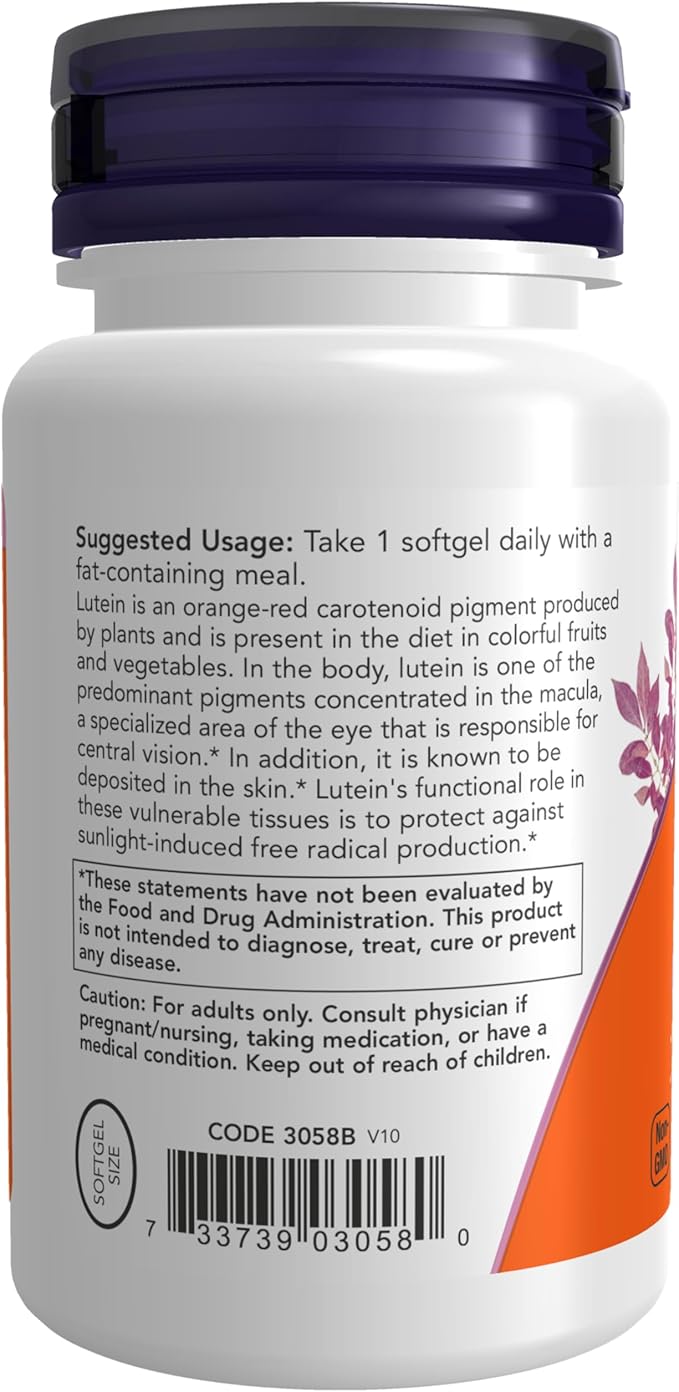 NOW Foods Supplements, Lutein 10 mg with 10 mg of Free Lutein from Lutein Esters, 60 Softgels