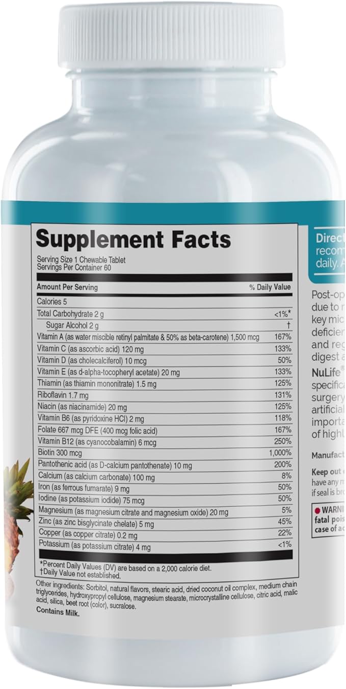 Nu-Life Advanced Bariatrics Multivitamin Chewable Tablets, Bariatric Mulivitamin with Iron - Tropical Berry (60 Chewable Tablets) (Packaging May Vary)