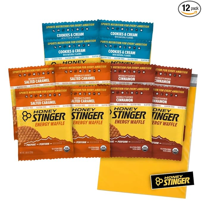 Honey Stinger Gluten Free Organic Waffles -12 Count Variety Pack With Sticker and Polybag - Energy Source - 4 Units Each of Salted Caramel, Cinnamon and Cookies & Cream