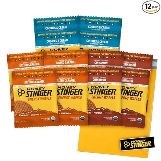 Honey Stinger Gluten Free Organic Waffles -12 Count Variety Pack With Sticker and Polybag - Energy Source - 4 Units Each of Salted Caramel, Cinnamon and Cookies & Cream