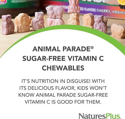 Natures Plus Animal Parade Sugar-Free Children's Vitamin C, Natural Orange Juice Flavor - 90 Chewable Animal Shaped Tablets - Immune Support - Gluten Free - 45 Servings