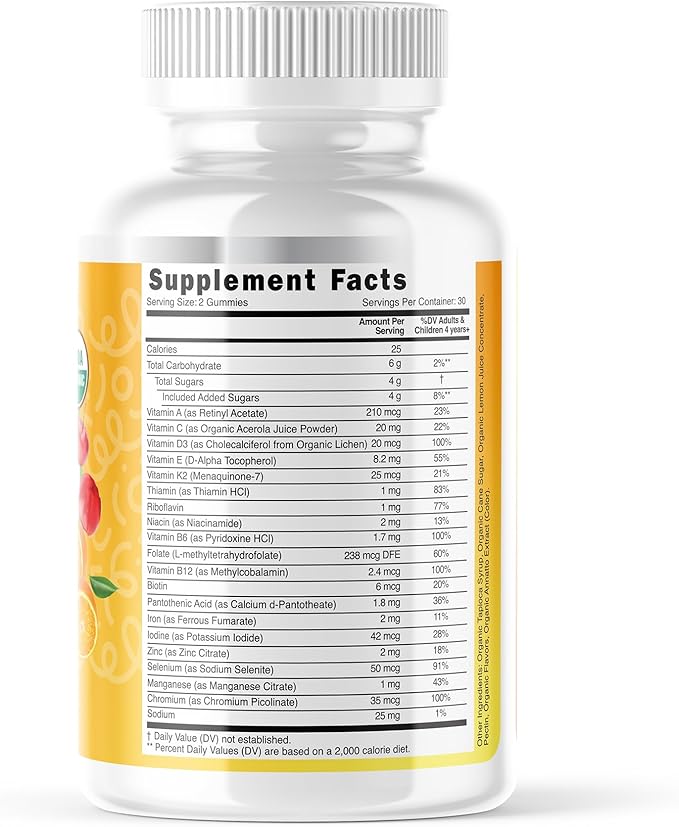 LIVEGOOD™ Organic Childrens Multivitamin Gummies, Chewable Daily Supplement with Vitamin C & Zinc for Kids, Citrus Flavor, 60 Gummies