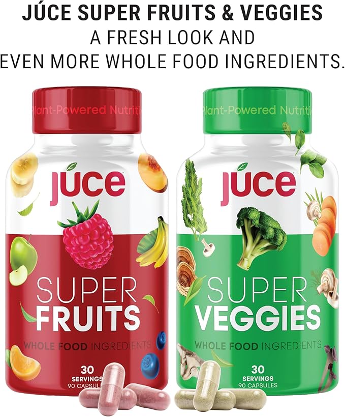 Júce Super Fruits & Super Veggies Capsules - Gluten/Gelatin Free, Non GMO, Soy Free & Vegan - Reds & Greens Superfood Capsules - 23 Fruits & 23 Vegetables - 180 Count