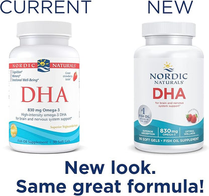 Nordic Naturals DHA, Strawberry - 90 Soft Gels - 830 mg Omega-3 - High-Intensity DHA Formula for Brain & Nervous System Support - Non-GMO - 45 Servings