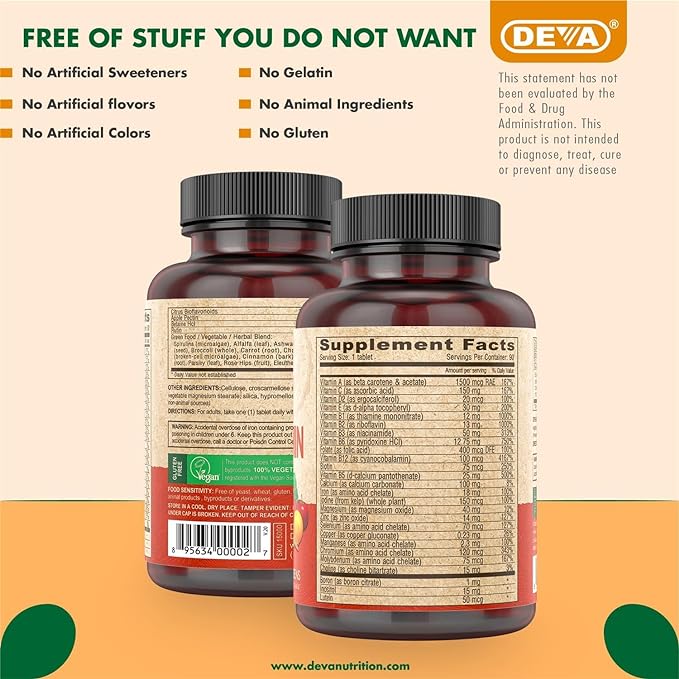 DEVA Vegan Multivitamin and Mineral Supplement - Once-Per-Day Formula with Greens - Vitamins A, C, D, E, B Complex, High-Potency Formulation for Daily Health and Wellness- 90 Coated Tablets, 1-Pack