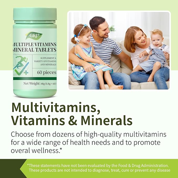GRJ Multivitamin - A Daily multivitamin and multimineral Supplement for Men and Women That boosts Energy, Focus and Performance. Complex Vitamin B Group, C, D, E, zinc, Selenium, etc. Sixty Pieces