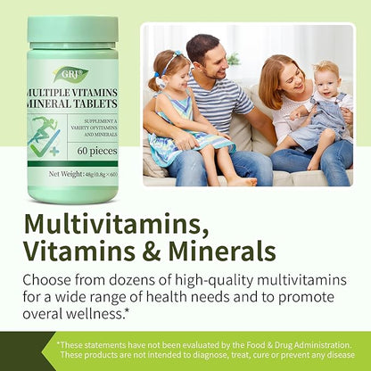 GRJ Multivitamin - A Daily multivitamin and multimineral Supplement for Men and Women That boosts Energy, Focus and Performance. Complex Vitamin B Group, C, D, E, zinc, Selenium, etc. Sixty Pieces