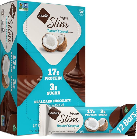 NuGo Slim Dark Chocolate Toasted Coconut, 16g Vegan Protein, 3g Sugar, 7g Fiber, Low Net Carb, Keto Friendly, Gluten Free, 12 C