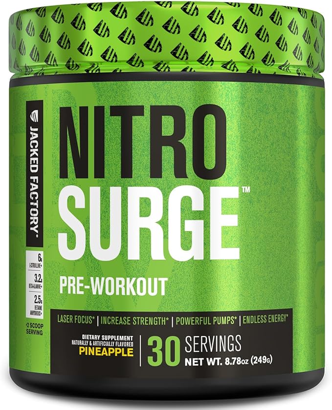 Jacked Factory NITROSURGE Pre Workout Supplement - for Energy, Instant Strength Gains, Clear Focus, Intense Pumps - Nitric Oxide Booster & Preworkout Powder with Beta Alanine - 30 Servings, Pineapple