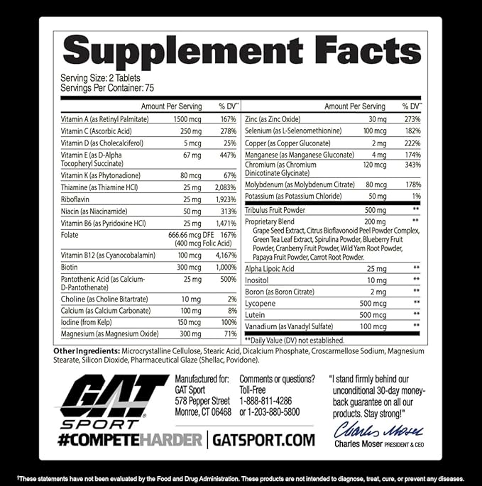 GAT SPORT Men's Multi + Test, Premium Multivitamin Tablets (150 Count)