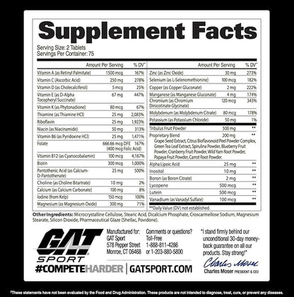 GAT SPORT Men's Multi + Test, Premium Multivitamin Tablets (150 Count)