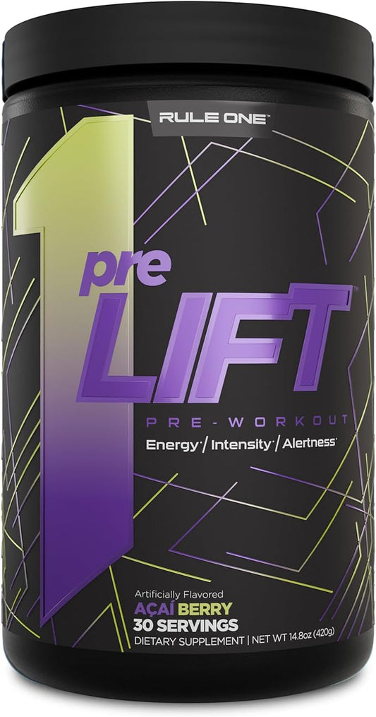 Rule 1 preLIFT Pre-Workout - 6g Citrulline, 3.2g Beta Alanine, 3 Caffeine Sources + 20 Others for Energy, Alertness, & Endurance (30 Servings, Acai Berry)