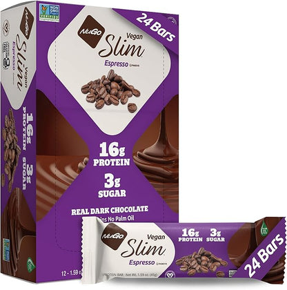 Nugo Slim Dark Chocolate Espresso, 16g Vegan Protein, 3g Sugar, 7g Fiber, Low Net Carb, Keto Friendly, Gluten Free, 24 Count
