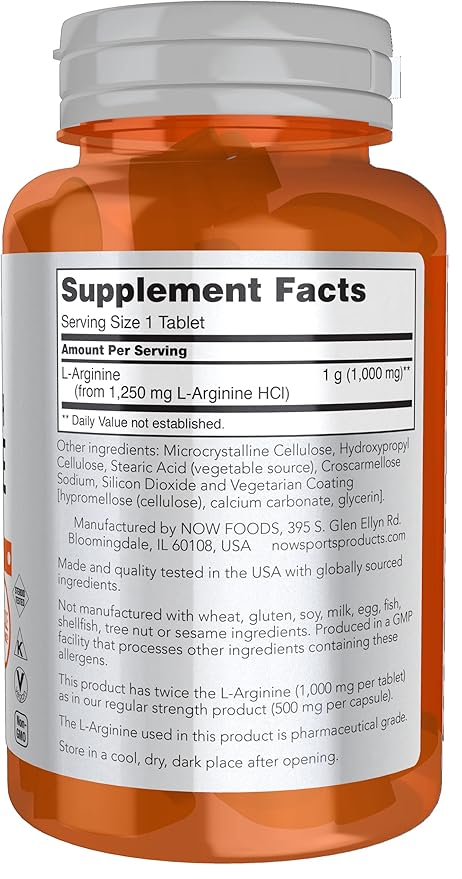 NOW Foods Sports Nutrition, L-Arginine Double Strength 1000mg, Nitric Oxide Precursor, Amino Acids, 60 Tablets