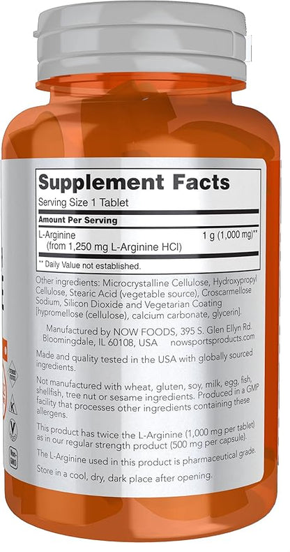 NOW Foods Sports Nutrition, L-Arginine Double Strength 1000mg, Nitric Oxide Precursor, Amino Acids, 60 Tablets