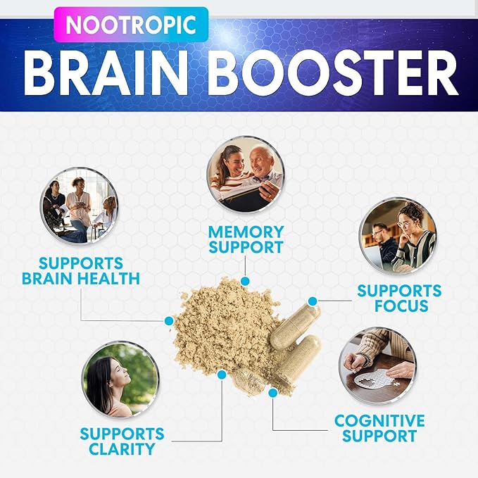 Brain Supplement Memory Pills - Nootropics Support for Concentration, Clarity, Energy & Focus - Brain Health with Bacopa, Cognitive Vitamins, Phosphatidylserine, DMAE - Brain Booster - 120 Capsules