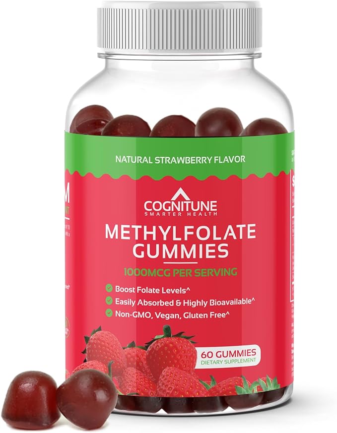 CogniTune Methylfolate Gummies - Easy to Take High Potency L-Methylfolate, Folate Supplement for Brain, Heart Health & Immunity, Delicious Strawberry Flavor, Non-GMO, Vegan, Gluten-Free
