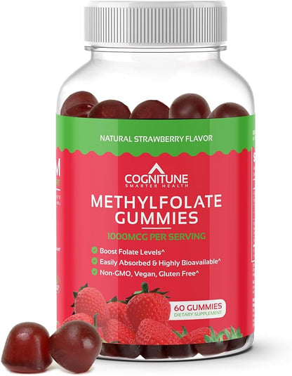 CogniTune Methylfolate Gummies - Easy to Take High Potency L-Methylfolate, Folate Supplement for Brain, Heart Health & Immunity, Delicious Strawberry Flavor, Non-GMO, Vegan, Gluten-Free