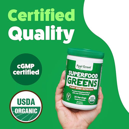 Organic Superfood Greens Powder - Cocoa Chocolate | Super Greens Fruit & Vegetable Supplement | Over 20 Greens, Fruits & Veggies, Fiber, Probiotics & Digestive Enzymes | 30 Servings