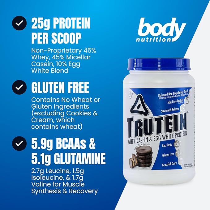 Body Nutrition Trutein High Protein Powder: 45% Whey, 45% Casein, 10% Egg White, Gluten-Free, Low Sodium, Grass Fed Whey Protein Powder, Gym Supplement & Breakfast Shake, Chocolate Peanut Butter, 2lb