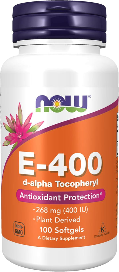 NOW Supplements, Vitamin E-400 IU, D-Alpha Tocopheryl, Antioxidant Protection, Softgels, 100 Count (Pack of 1)