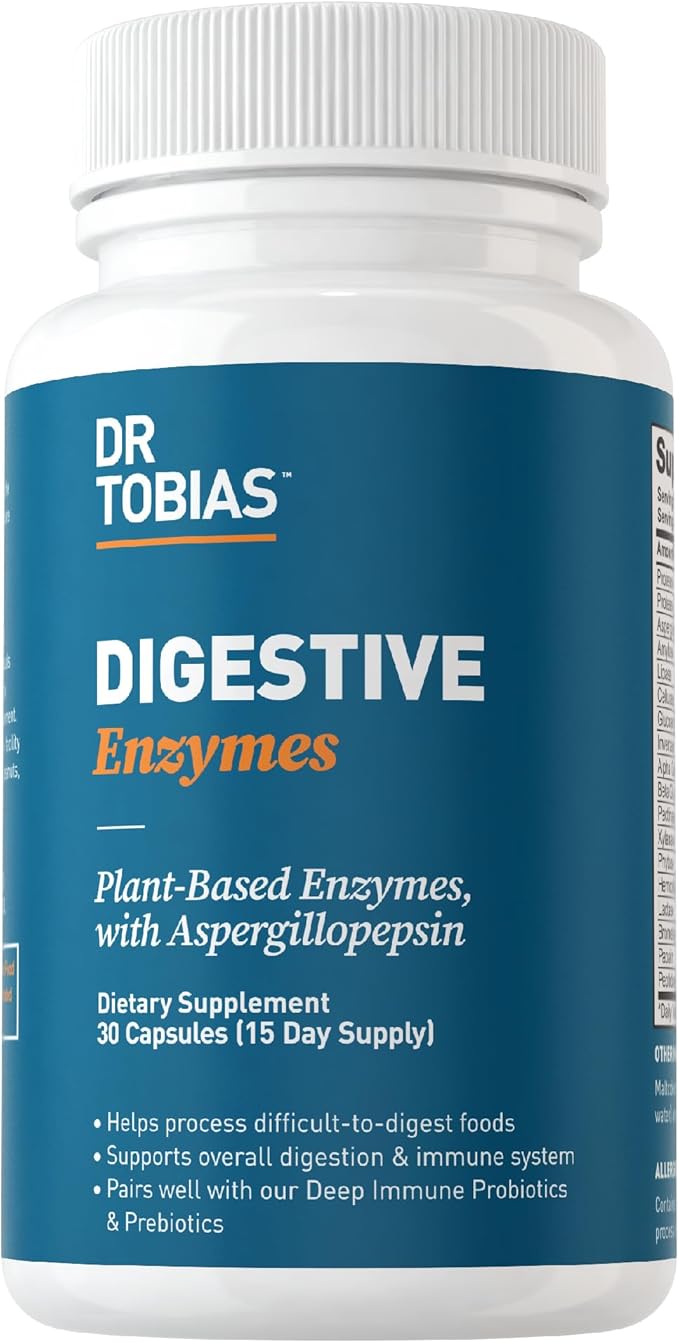 Dr. Tobias Digestive Enzymes with Amylase, Bromelain, Lipase, Lactase, Protease, Papain & More, Digestion Supplement with 18 Enzymes for Digestion and Gut Health, 30 Capsules, 15 Servings