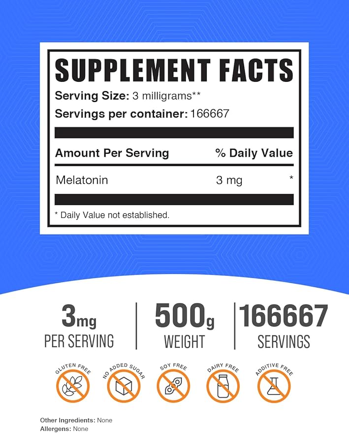 BulkSupplements.com Melatonin Powder - Sleep Supplement, Melatonin for Adults, Melatonin 3 mg - Vegan Melatonin, Pure & Gluten Free, 3mg per Serving, 500g (1.1 lbs) (Pack of 1)