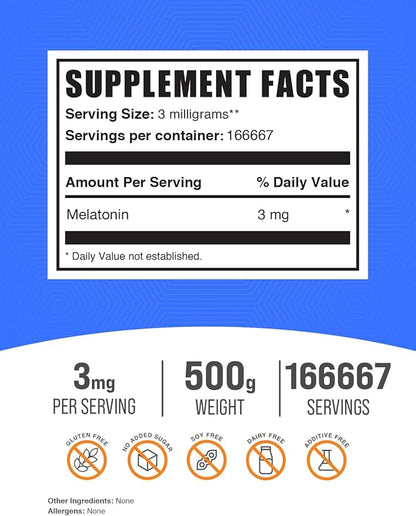 BulkSupplements.com Melatonin Powder - Sleep Supplement, Melatonin for Adults, Melatonin 3 mg - Vegan Melatonin, Pure & Gluten Free, 3mg per Serving, 500g (1.1 lbs) (Pack of 1)