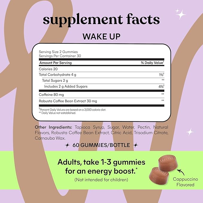Lemme Wake Up Caffeine Energy Gummies, 80mg of Caffeine Per Serving, Coffee Bean Extract, Cappuccino Flavor, Vegan & Gluten Free, 1 Month Supply (60 ct)